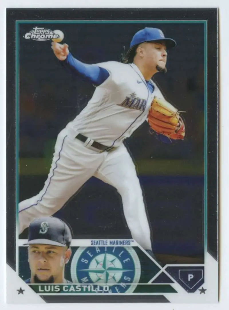 Baseball card of Luis Castillo mid-throw for Seattle Mariners Topps Chrome collectible