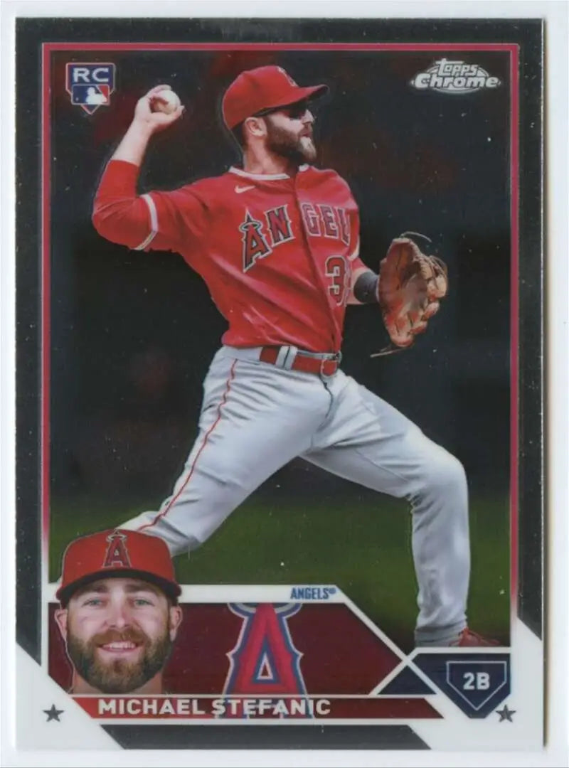 Baseball card of Michael Stefanic in red uniform for Los Angeles Angels Rookie collectors