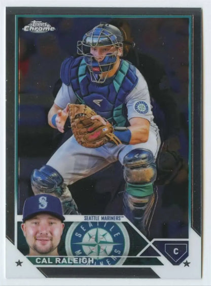 Cal Raleigh in crouched position on 2023 Topps Chrome Seattle Mariners Baseball Card