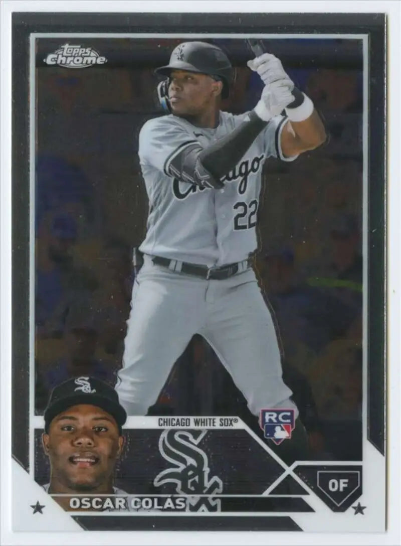 Oscar Colas in batting stance on 2023 Topps Chrome Chicago White Sox baseball card