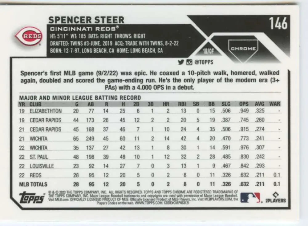 Spencer Steer 2023 Topps Chrome Baseball Card featuring career stats and information