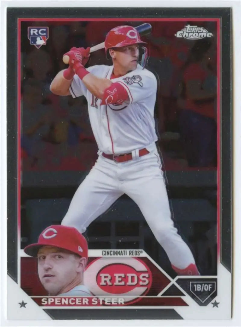 Spencer Steer batting in white and red uniform on 2023 Topps Chrome baseball card