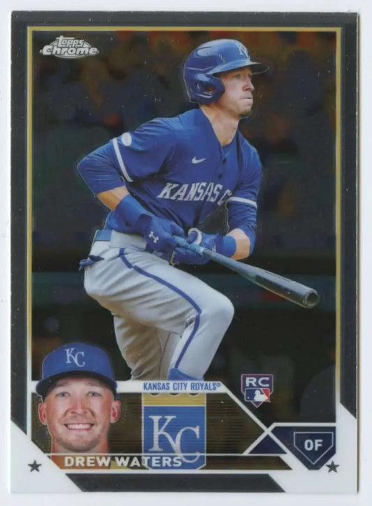 Drew Waters at bat on 2023 Topps Chrome Kansas City Royals Baseball Card