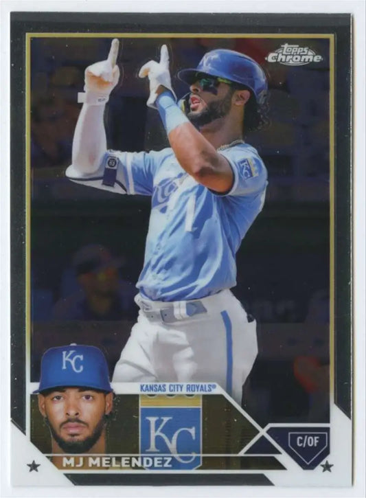 Baseball trading card of Kansas City Royals player MJ Melendez celebrating joyfully