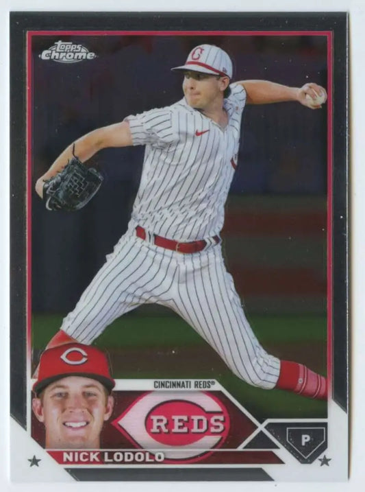 Baseball card of Nick Lodolo in pinstriped uniform for Cincinnati Reds mid-delivery