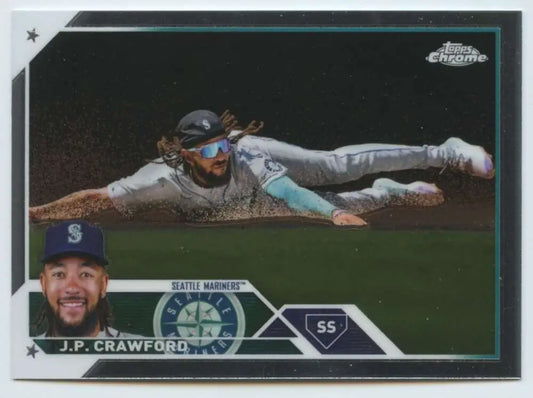 Seattle Mariners Topps Chrome baseball card of J.P. Crawford making a diving catch