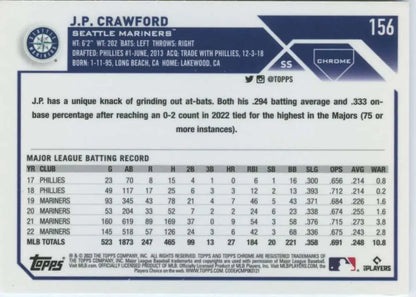 Baseball card of J.P. Crawford from Topps Chrome featuring Seattle Mariners stats