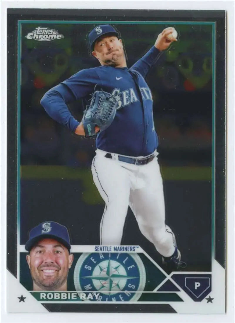 Robbie Ray mid-throw in blue jersey on Seattle Mariners baseball card 2023 Topps Chrome