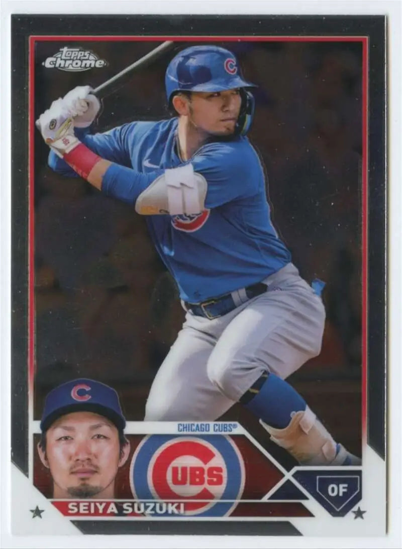 Baseball trading card of Seiya Suzuki in blue Chicago Cubs uniform from Topps Chrome