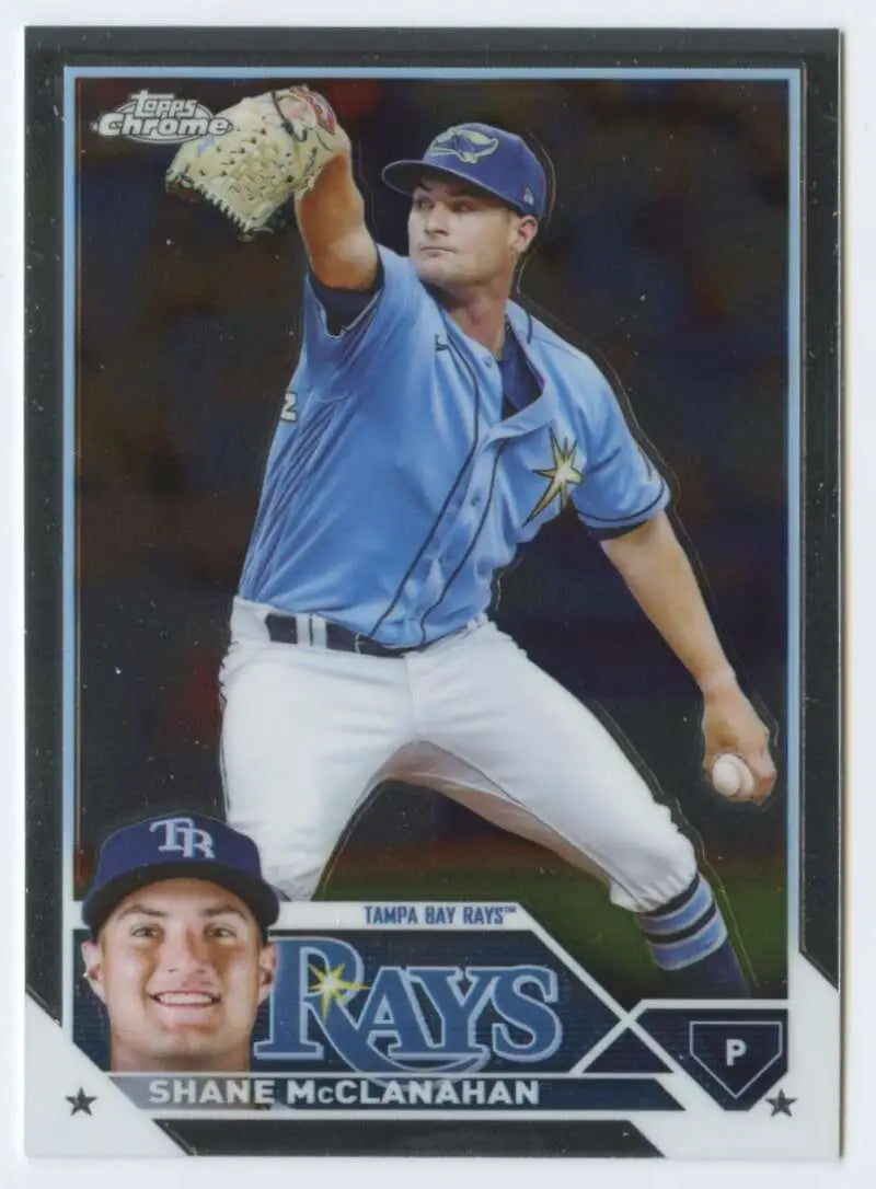 Baseball trading card of Shane McClanahan, Tampa Bay Rays pitcher in light blue uniform