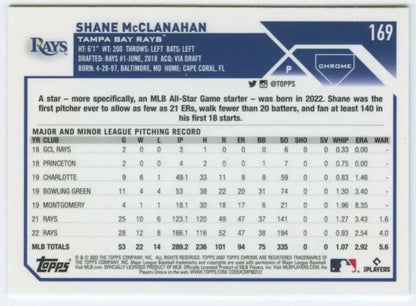 Shane McClanahan minor league stats on 2023 Topps Chrome Tampa Bay Rays Baseball Card