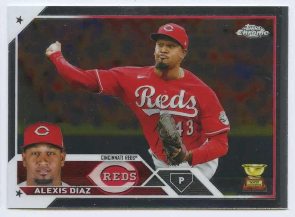 Baseball card of Alexis Diaz mid-throw in red uniform from Topps Chrome 2023