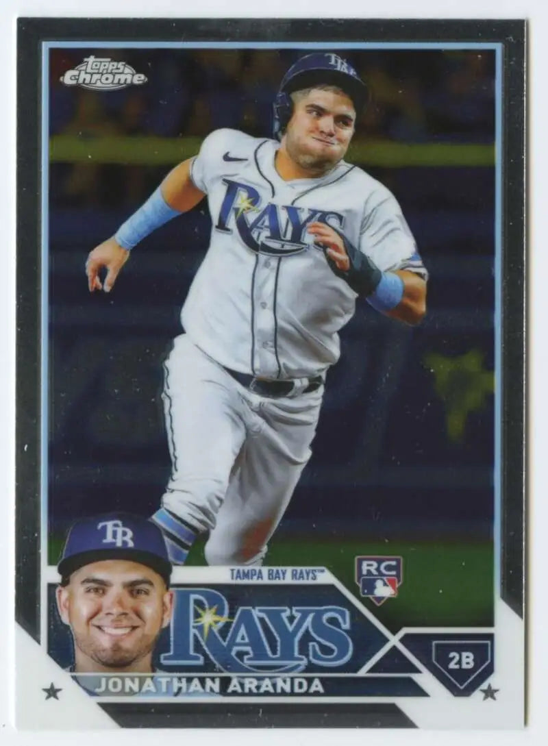 Baseball card of Jonathan Aranda running for the Tampa Bay Rays in white uniform