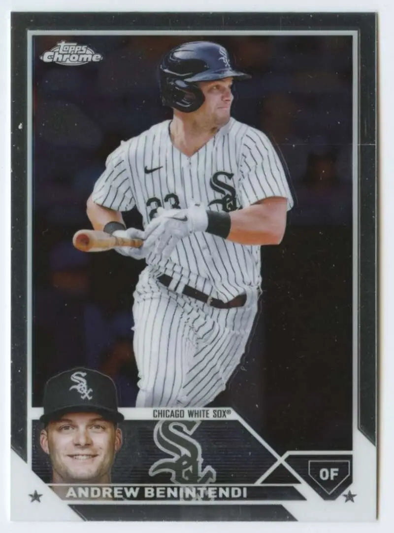 Baseball trading card of Andrew Benintendi in pinstriped Chicago White Sox uniform