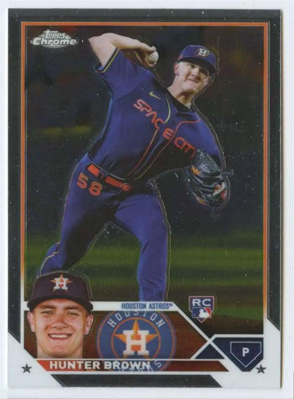 Baseball card of Hunter Brown in blue uniform for 2023 Topps Chrome Houston Astros RC