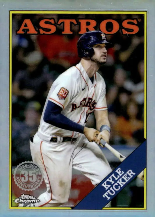 Baseball card of Kyle Tucker in Astros home uniform from 2023 Topps Chrome refractor