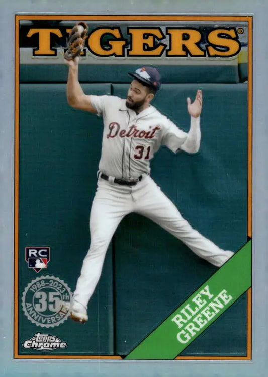 Riley Greene making a leaping catch for the Detroit Tigers in Topps Chrome card