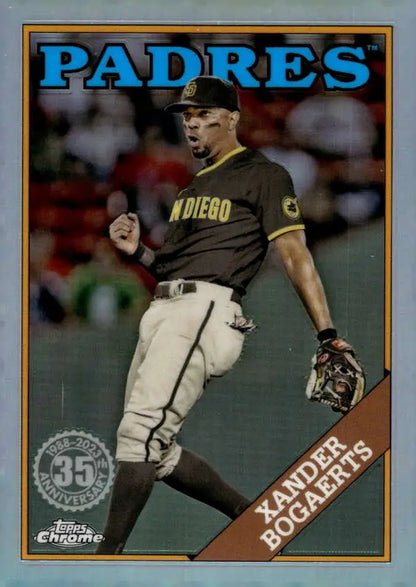 Xander Bogaerts celebrating in brown uniform on San Diego Padres baseball card