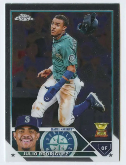 Baseball trading card of Julio Rodriguez in teal Seattle Mariners jersey Topps Chrome