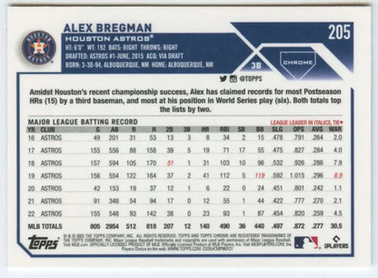 Baseball card displaying Alex Bregman’s stats for the Houston Astros Topps Chrome 2023