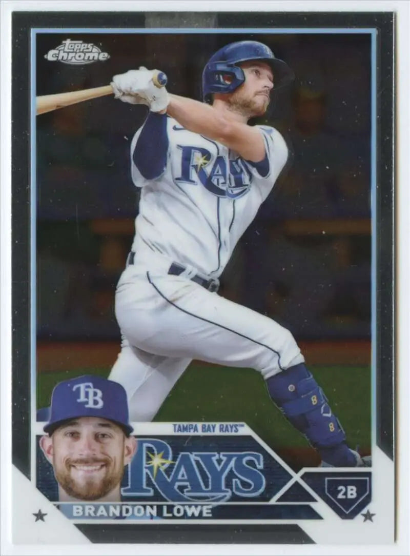 Brandon Lowe batting in white uniform on 2023 Topps Chrome Tampa Bay Rays baseball card