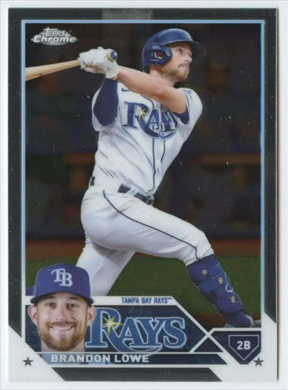 Brandon Lowe batting in white uniform on 2023 Topps Chrome Tampa Bay Rays baseball card