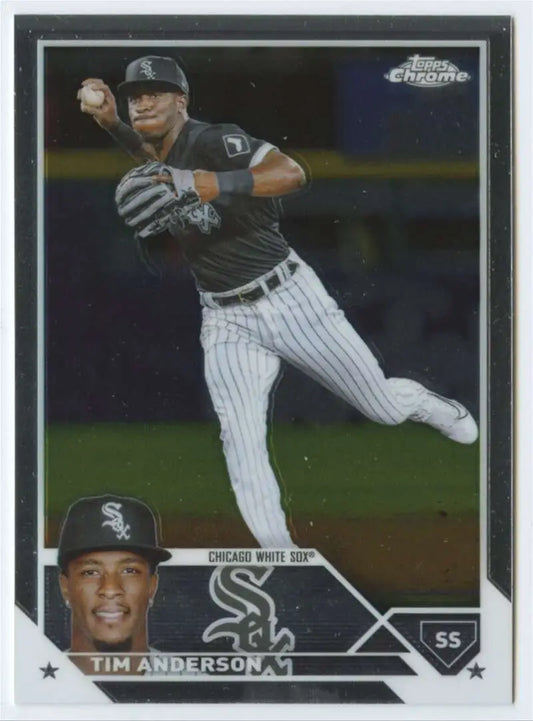 Baseball trading card of Tim Anderson fielding for Chicago White Sox in 2023 Topps Chrome