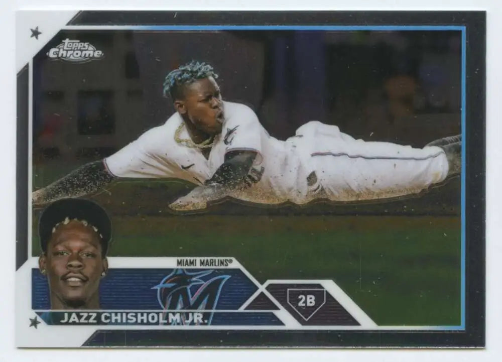 Jazz Chisholm diving in white uniform on 2023 Topps Chrome Baseball Card Miami Marlins