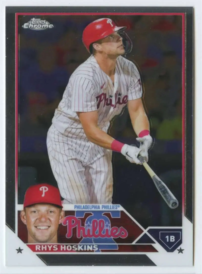 Baseball trading card of Rhys Hoskins in pinstripe uniform from Topps Chrome