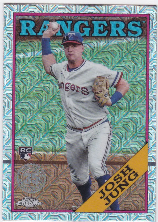 Baseball card of Josh Jung in white uniform throwing baseball, 2023 Topps Chrome Silver Pack Mojo