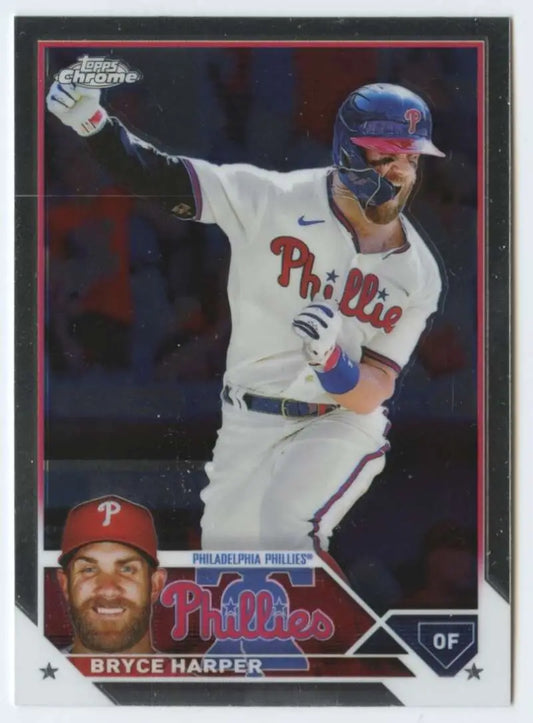 Baseball card of Bryce Harper in a white uniform for Philadelphia Phillies collectible