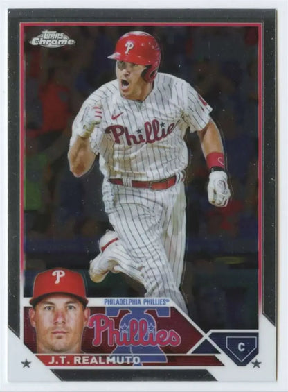 2023 Topps Chrome J.T. Realmuto baseball card featuring Philadelphia Phillies pinstriped uniform