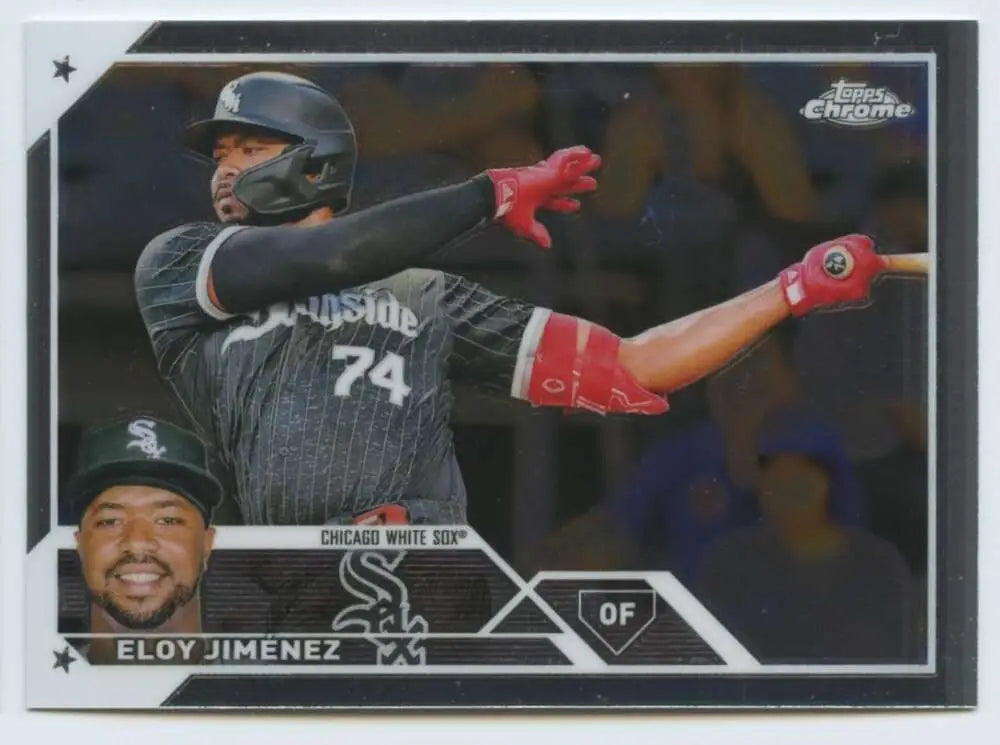 Eloy Jimenez in black uniform batting on 2023 Topps Chrome Chicago White Sox card