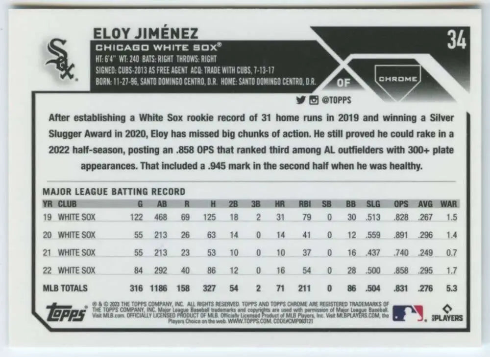 2023 Topps Chrome #34 Eloy Jimenez Baseball Card featuring Chicago White Sox stats