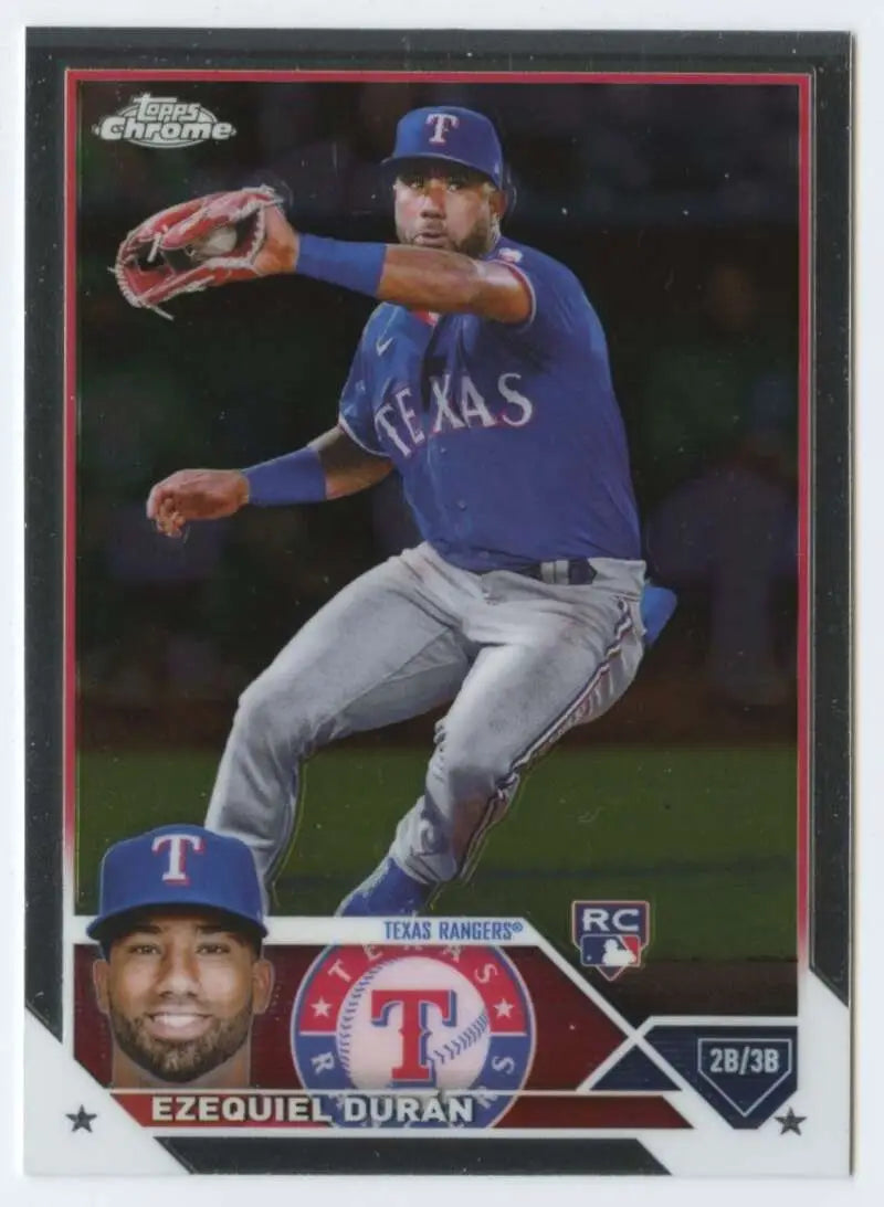 Ezequiel Duran pitching in blue uniform on Texas Rangers baseball card 2023 Topps Chrome