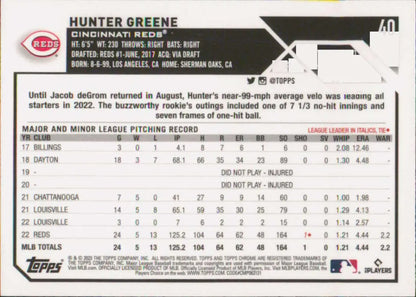 Hunter Greene minor league pitching stats on 2023 Topps Chrome #40 Cincinnati Reds card