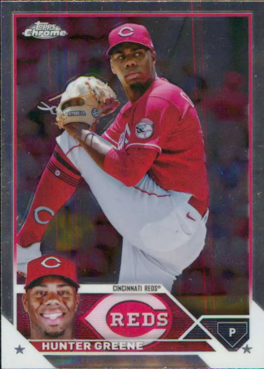 Hunter Greene mid-delivery in red uniform on 2023 Topps Chrome Cincinnati Reds card