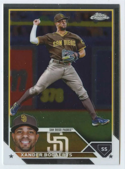 Baseball trading card of Xander Bogaerts in throwing motion for San Diego Padres