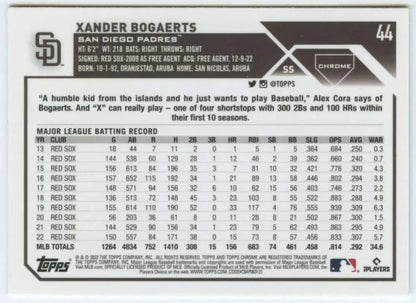 2023 Topps Chrome #44 Xander Bogaerts Baseball Card featuring San Diego Padres stats