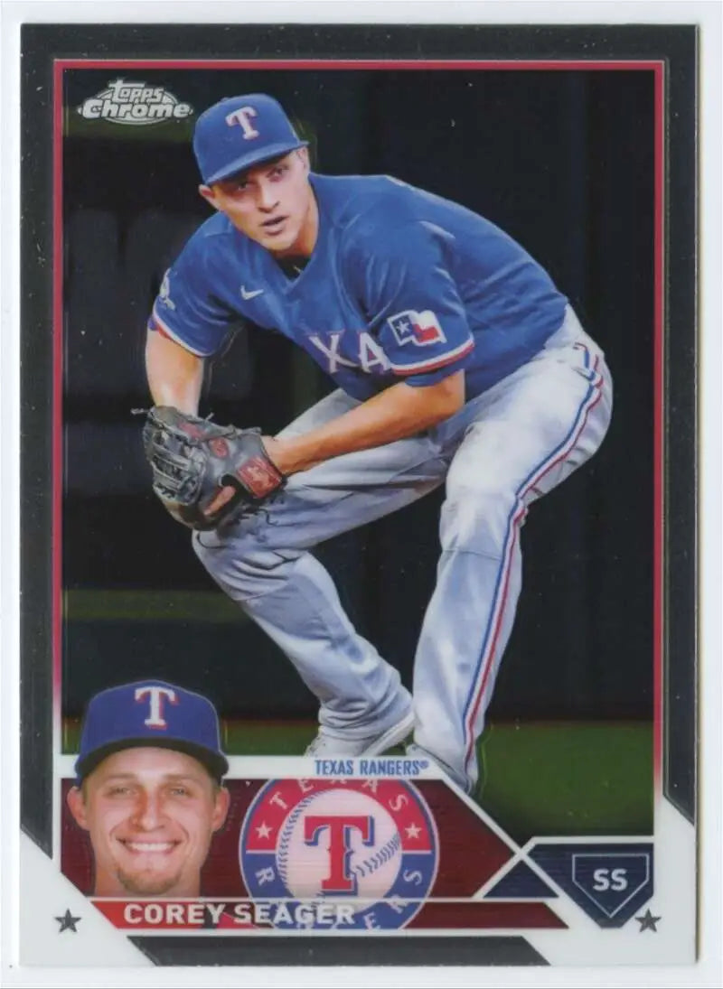 Baseball card of Corey Seager in fielding stance, Texas Rangers Topps Chrome