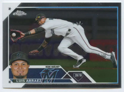 Luis Arraez diving catch attempt on 2023 Topps Chrome baseball card for Miami Marlins