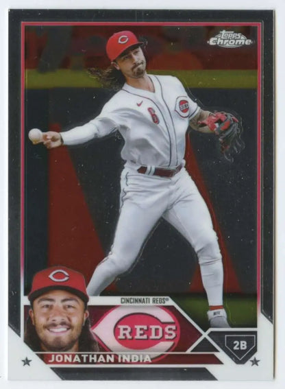 Baseball trading card of Jonathan India throwing for Cincinnati Reds Topps Chrome collection