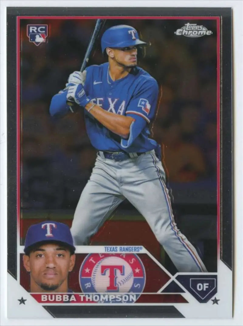 Baseball card of Bubba Thompson in batting stance for Topps Chrome Texas Rangers