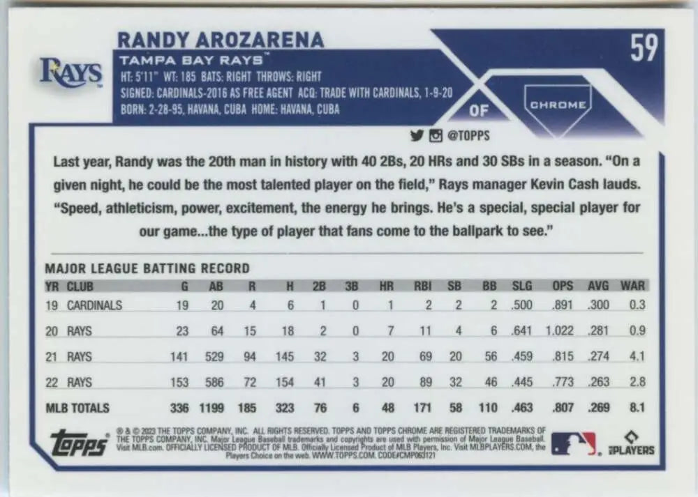 Baseball card featuring Randy Arozarena MLB stats for Tampa Bay Rays 2023 Topps Chrome