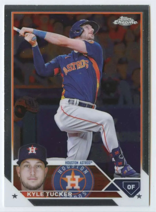 Baseball card of Kyle Tucker mid-swing in navy jersey from Topps Chrome 2023