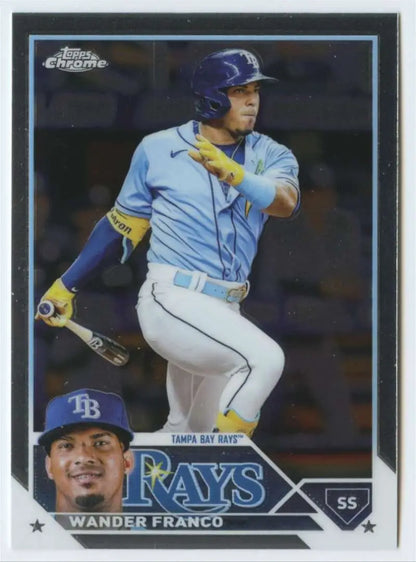 Baseball trading card of Wander Franco in light blue uniform for Tampa Bay Rays