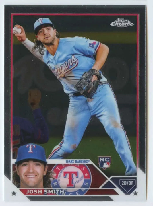 Josh Smith Texas Rangers Baseball Card in light blue uniform mid-throwing motion