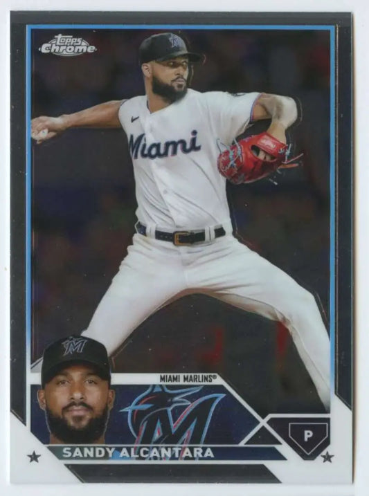 Baseball card of Sandy Alcantara, Miami Marlins pitcher in throwing motion