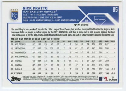 Nick Pratto 2023 Topps Chrome baseball card featuring player statistics and info