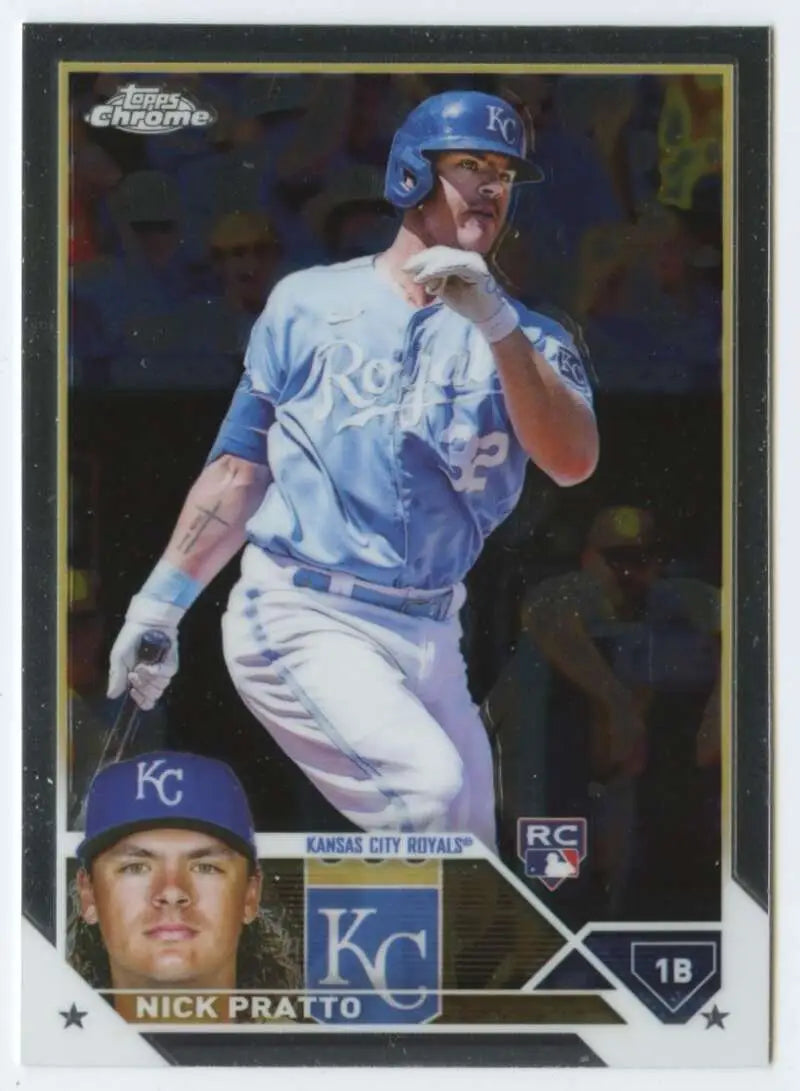 Baseball card of Nick Pratto in Kansas City Royals uniform from Topps Chrome 2023